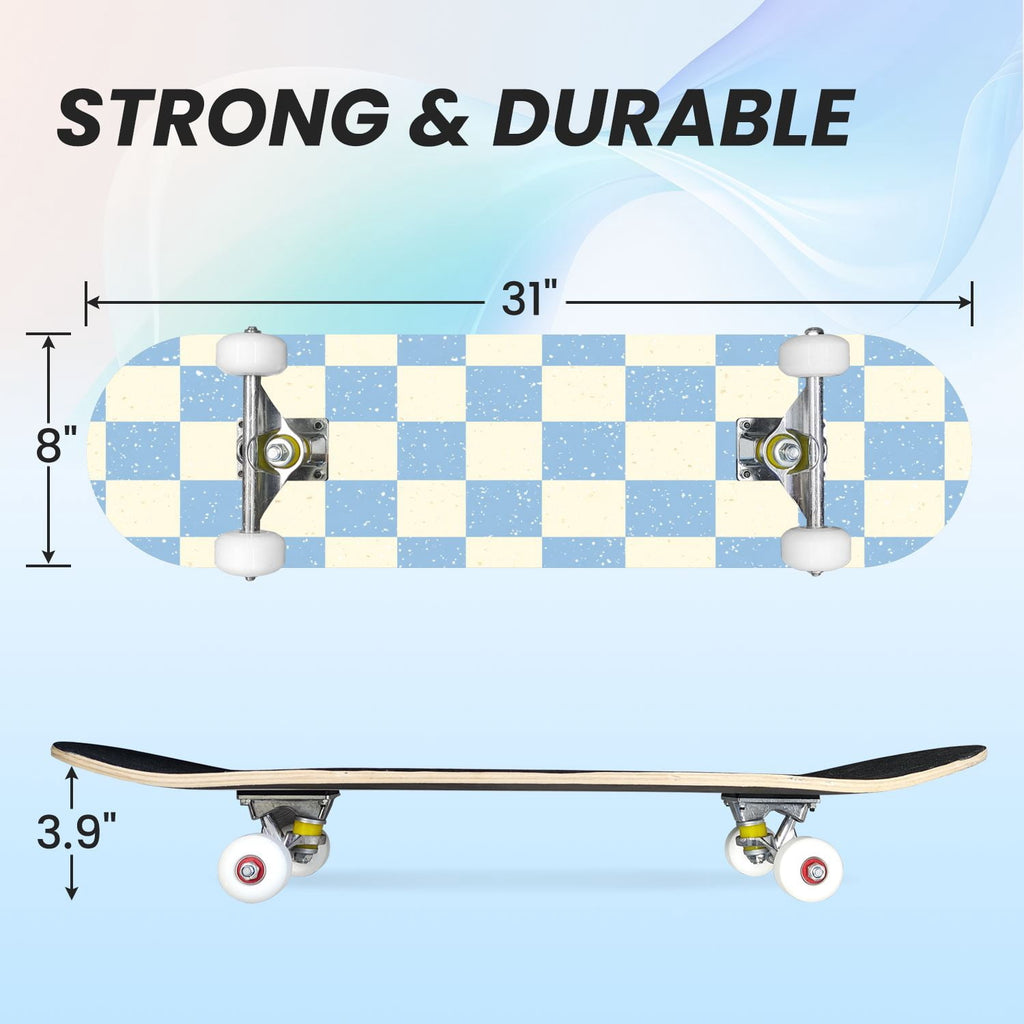 31"x8" Complete Skateboards for Beginners,Pink White Gingham Checkered Subtle Double Kick 7 Ply Canadian Maple Deck Skateboard with Wheels, Gifts for Kids Teens