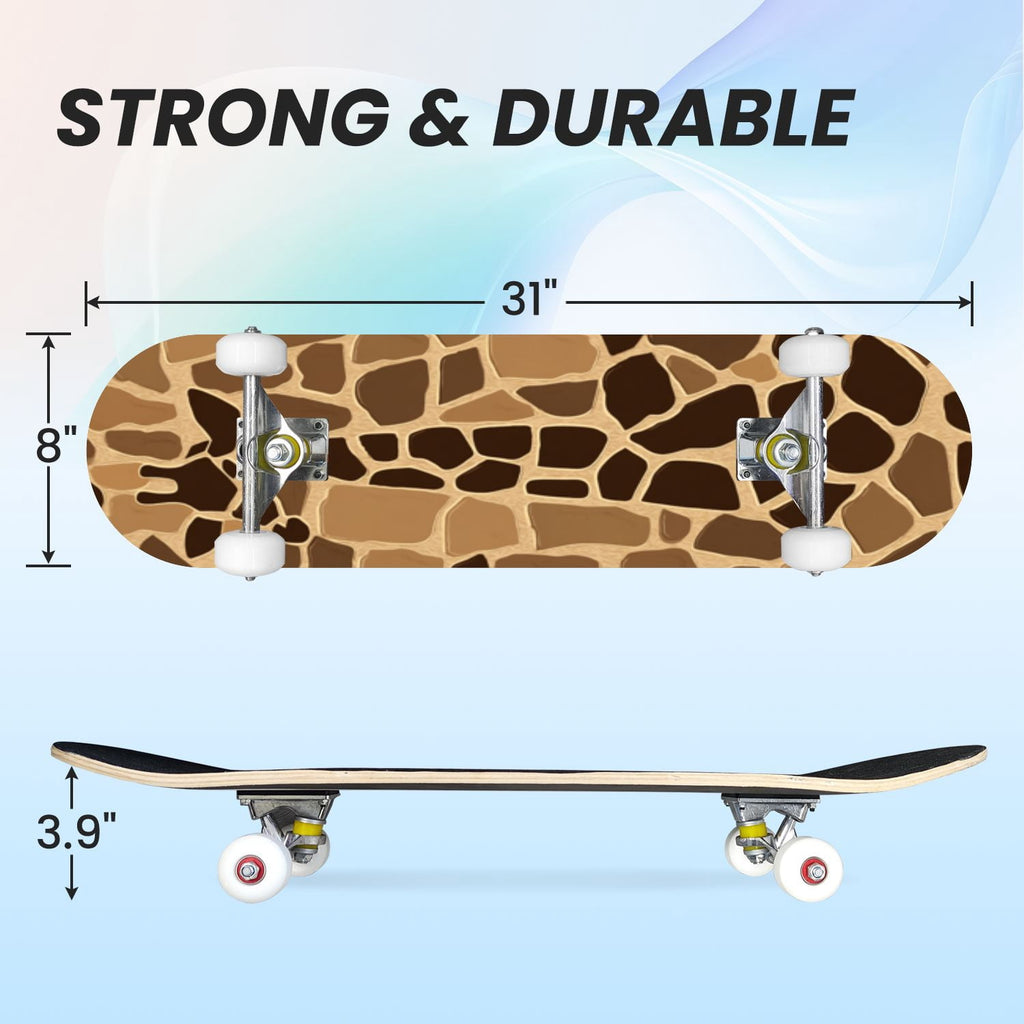 31"x8" Complete Skateboards for Beginners,Leopard Print Black Brown Beige Double Kick 7 Ply Canadian Maple Deck Skateboard with Wheels, Gifts for Kids Teens
