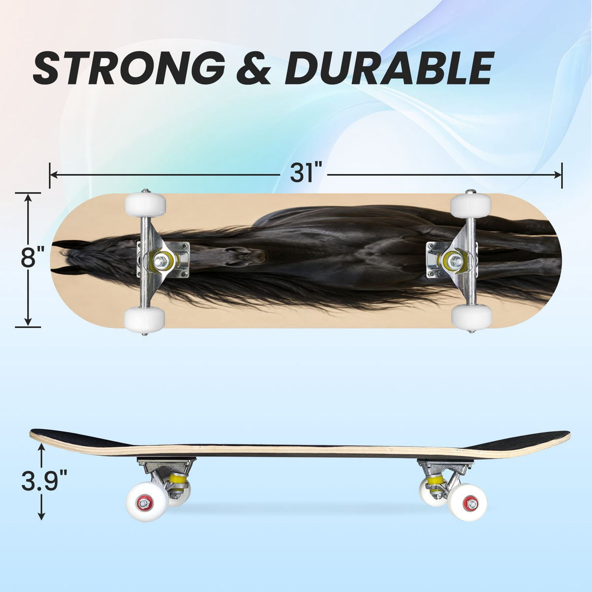 31"x8" Black Andalusian Horse Complete Skateboard for Beginners long mane 7 Layer Maple Deck Double Kick Kids Skateboard with 85A PU Wheels Gifts for Kids Teens