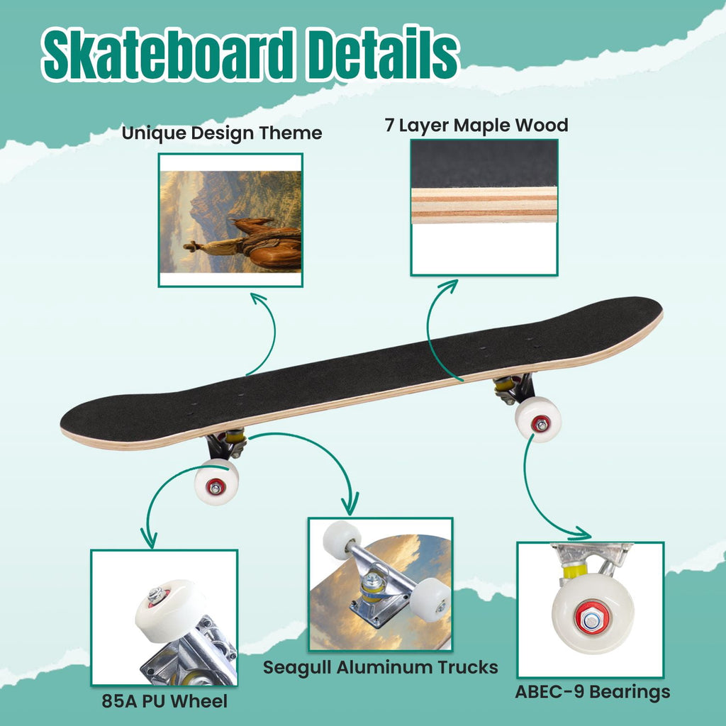 Abstract Geometric Curved Shapes Earthy Tones 31" x 8" Complete Skateboard, 7-Ply Canadian Maple Double Kick Trick Board for Kids and Beginners Adult Gifts