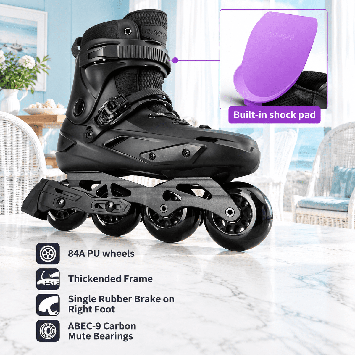 Black USM8-9/USL9-9.5 Professional Inline Skates for Adult Men and Women