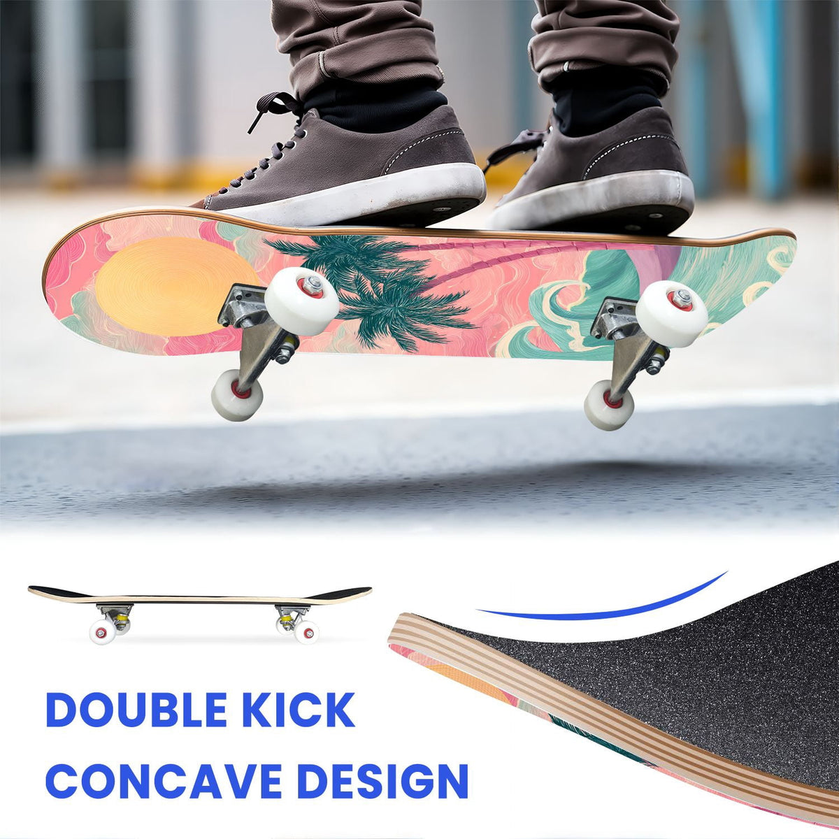 31"x8" Complete Skateboards for Beginners, Abstract Wavy Purple Beige Zebra Design Double Kick 7 Ply Canadian Maple Deck Skateboard with Wheels, Gifts for Kids Teens