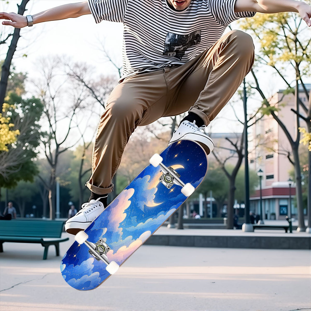31"x8" Complete Skateboards for Beginners,Blue White Vintage Floral Roses Ornate Swirls Double Kick 7 Ply Canadian Maple Deck Skateboard with Wheels, Gifts for Kids Teens