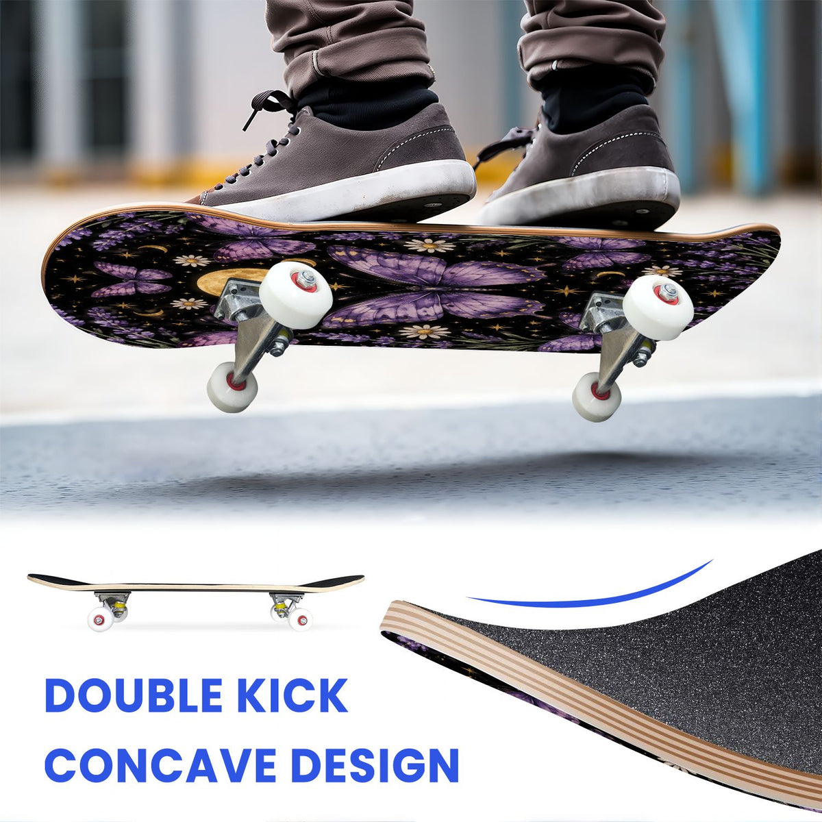 31"x8" Complete Skateboards for Beginners, Blue Moth Moonlight Flowers Mushrooms Forest Double Kick 7 Ply Canadian Maple Deck Skateboard with Wheels, Gifts for Kids Teens