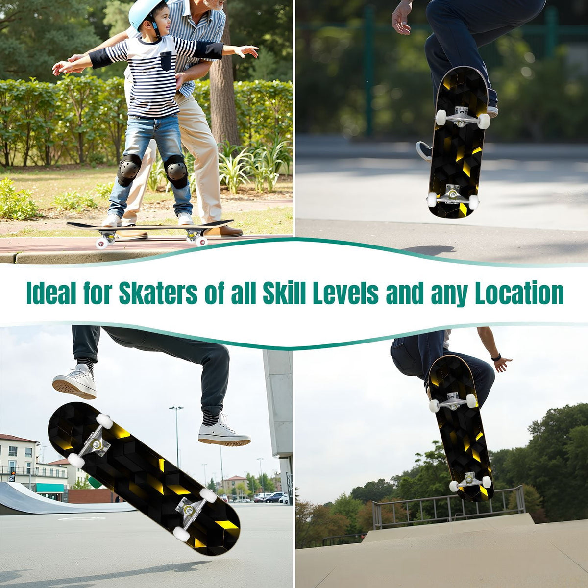 31"x8" Complete Skateboards for Beginners, Honeycomb Futuristic Hexagonal Neon Glowing Orange Light Double Kick 7 Ply Canadian Maple Deck Skateboard with Wheels, Gifts for Kids Teens