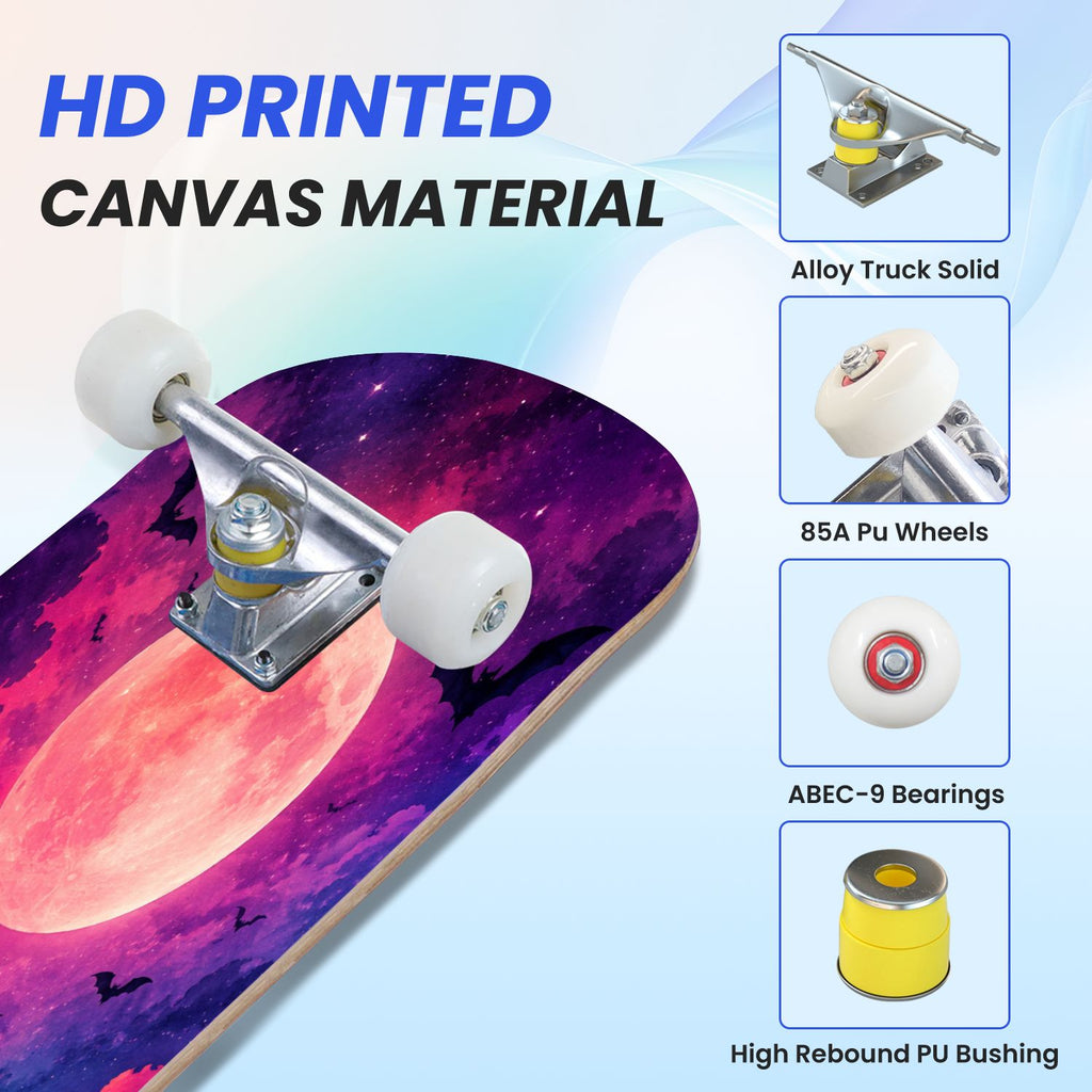 31"x8" Complete Skateboards for Beginners, Purple Celestial Moon Sun Art Floral Stars Double Kick 7 Ply Canadian Maple Deck Skateboard with Wheels, Gifts for Kids Teens