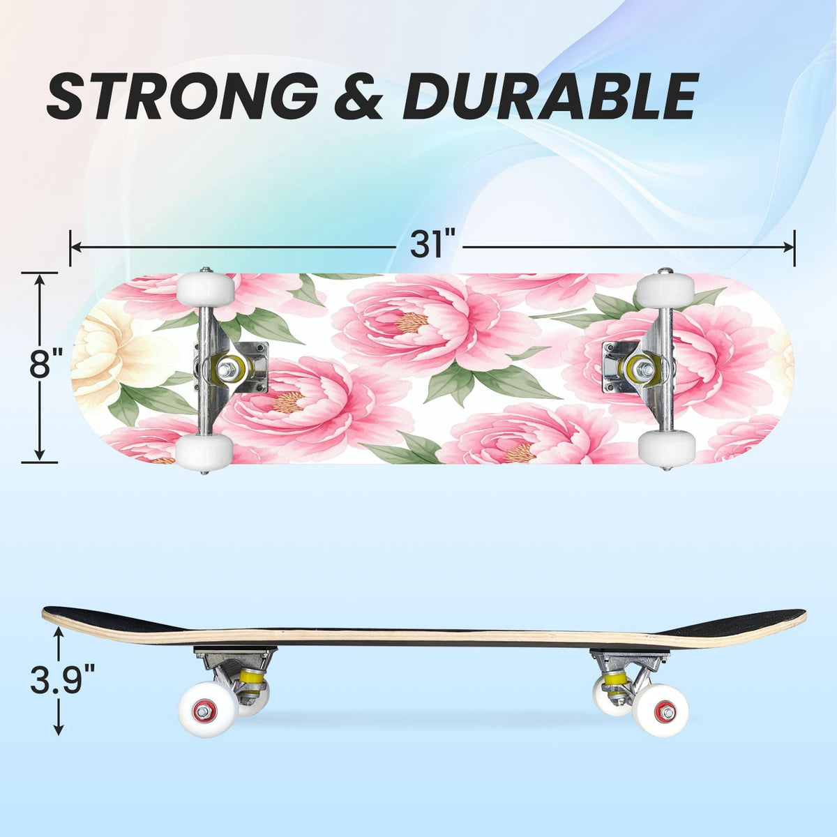 31"x8" Complete Skateboards for Beginners, Seamless Pink Peony Floral Cream Double Kick 7 Ply Canadian Maple Deck Skateboard with Wheels, Gifts for Girls Teens