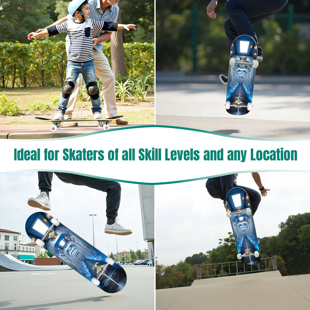 31"x8" Complete Skateboards for Beginners,Black Hexagon Honeycomb Glowing Blue Accents Double Kick 7 Ply Canadian Maple Deck Skateboard with Wheels, Gifts for Kids Teens