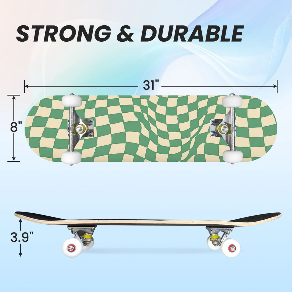 31"x8" Complete Skateboards for Beginners,Colorful Geometric Tile Multicolored Squares Double Kick 7 Ply Canadian Maple Deck Skateboard with Wheels, Gifts for Kids Teens
