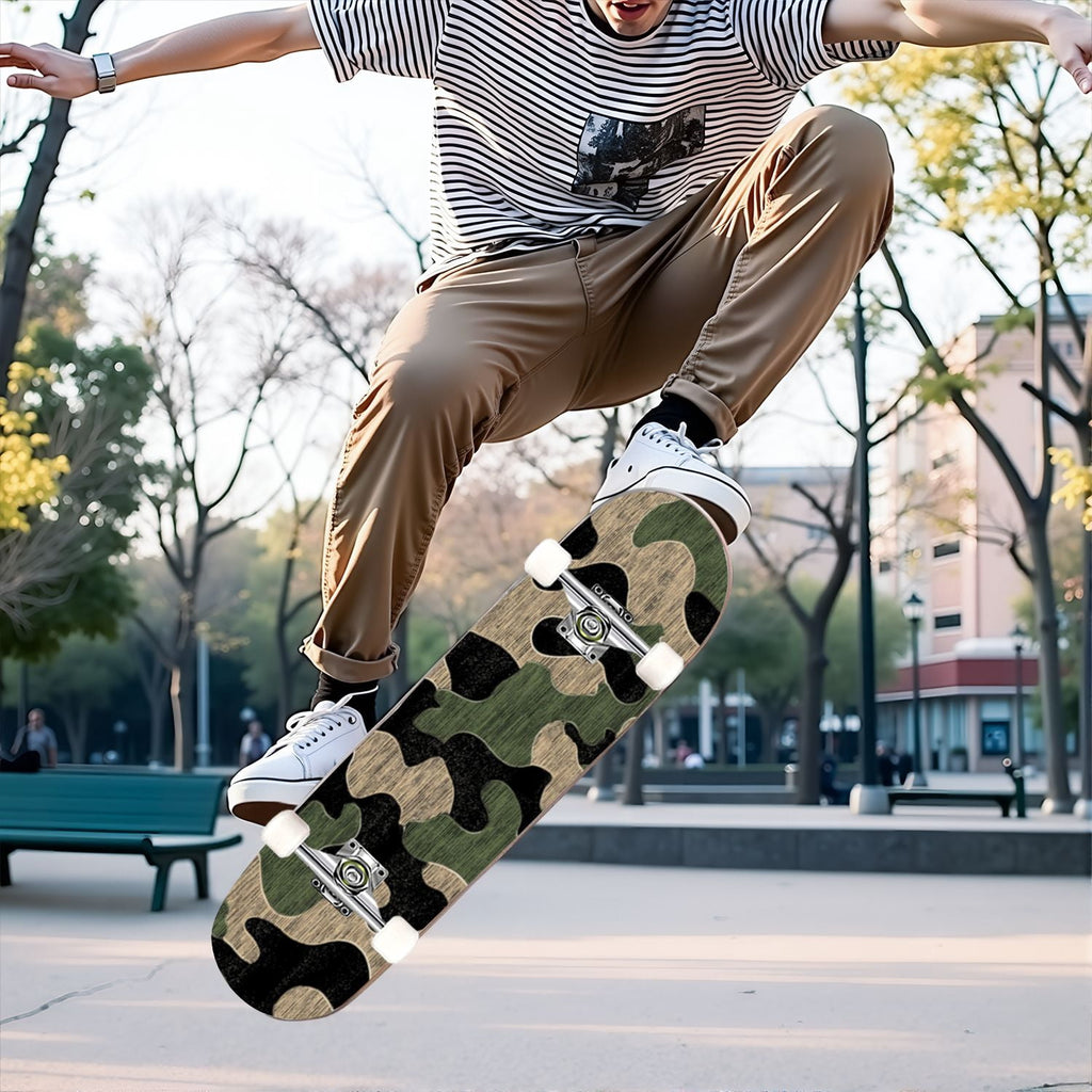 31"x8" Complete Skateboards for Beginners,Abstract Natural Earthy Tones Brush Strokes Camouflage Double Kick 7 Ply Canadian Maple Deck Skateboard with Wheels, Gifts for Kids Teens