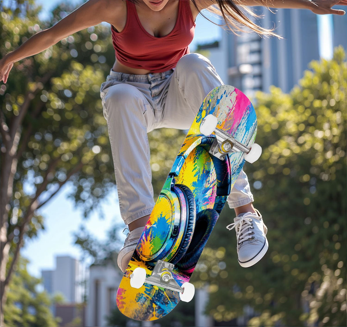 Complete Skateboard Colorful Splash Art Headphones 31 Inch 7-Ply Maple Skateboard with PU Wheels and Aluminum Trucks, Ready-to-Ride Skateboard for Beginners, Teens and Adults