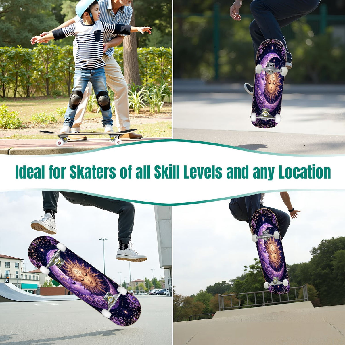 31"x8" Complete Skateboards for Beginners, Purple Celestial Moon Sun Art Floral Stars Double Kick 7 Ply Canadian Maple Deck Skateboard with Wheels, Gifts for Kids Teens