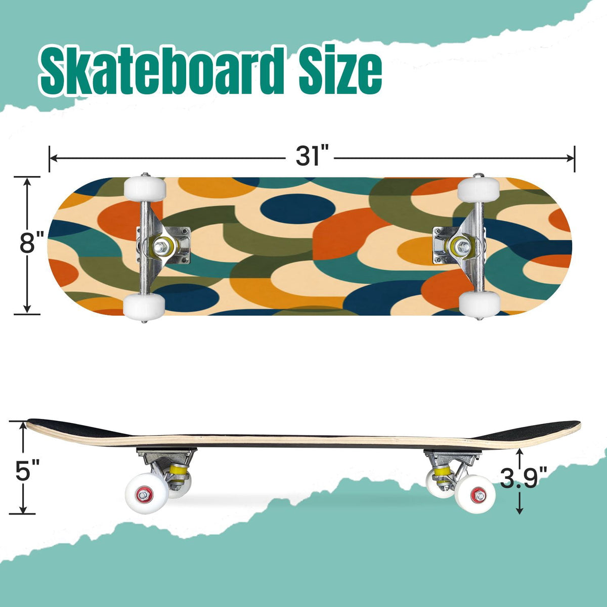 Abstract Geometric Curved Shapes Earthy Tones 31" x 8" Complete Skateboard, 7-Ply Canadian Maple Double Kick Trick Board for Kids and Beginners Adult Gifts