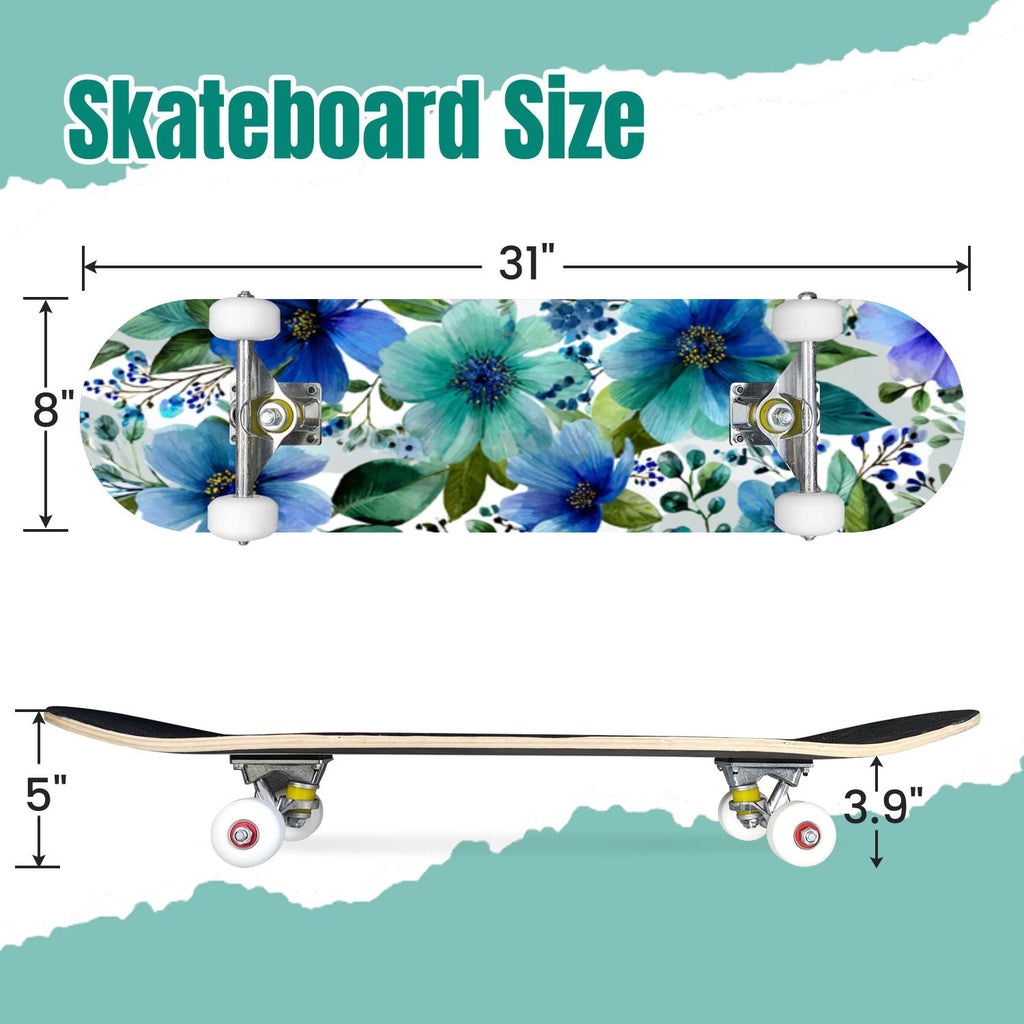 Watercolor Botanical Blue Green Leaves Flowers 31" x 8" Complete Skateboard, 7-Ply Canadian Maple Double Kick Trick Board for Kids and Beginners Adult Gifts