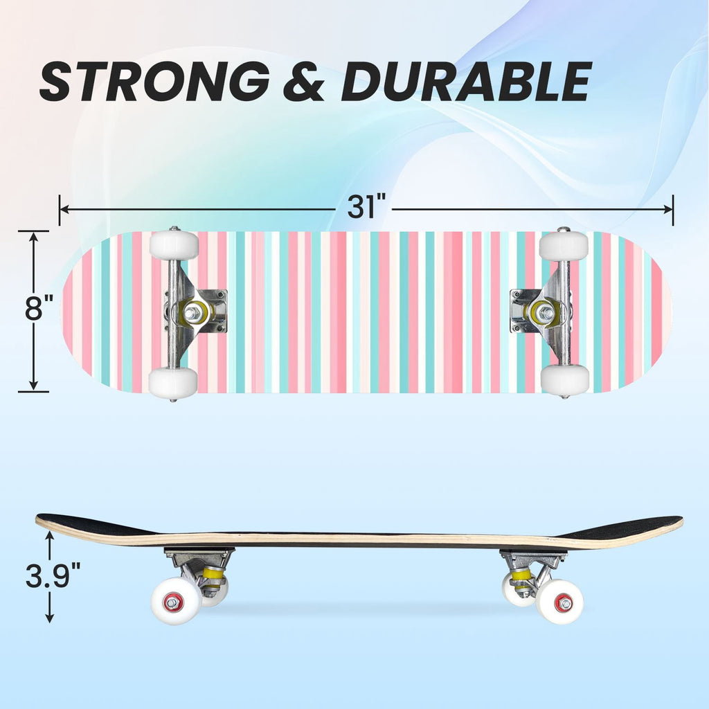 31"x8" Complete Skateboards for Beginners, Idyllic Tropical Beach Turquoise Water Golden Sand Shoreline Double Kick 7 Ply Canadian Maple Deck Skateboard with Wheels, Gifts for Kids Teens