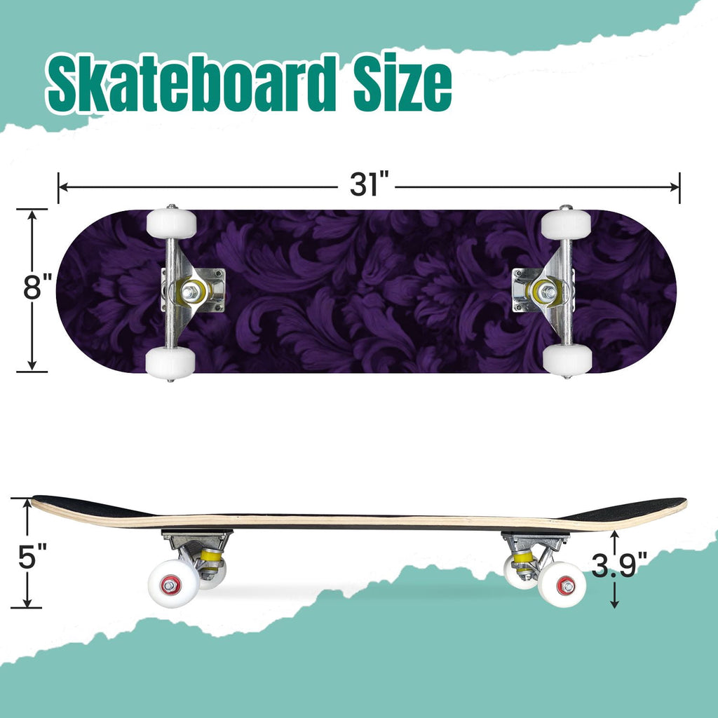 Elegant Purple Damask 31" x 8" Complete Skateboard, 7-Ply Canadian Maple Double Kick Trick Board for Kids and Beginners Adult Gifts
