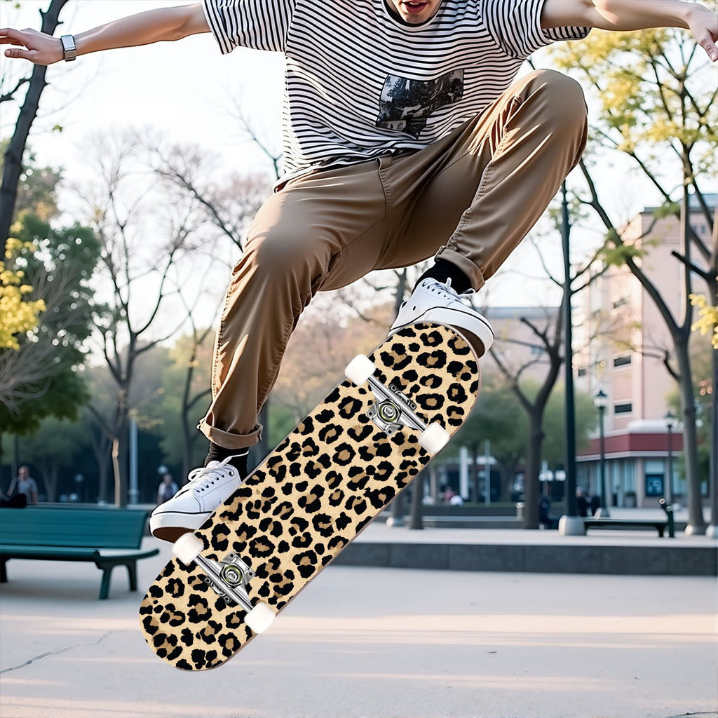 31"x8" Complete Skateboards for Beginners,Leopard Print Black Brown Beige Double Kick 7 Ply Canadian Maple Deck Skateboard with Wheels, Gifts for Kids Teens