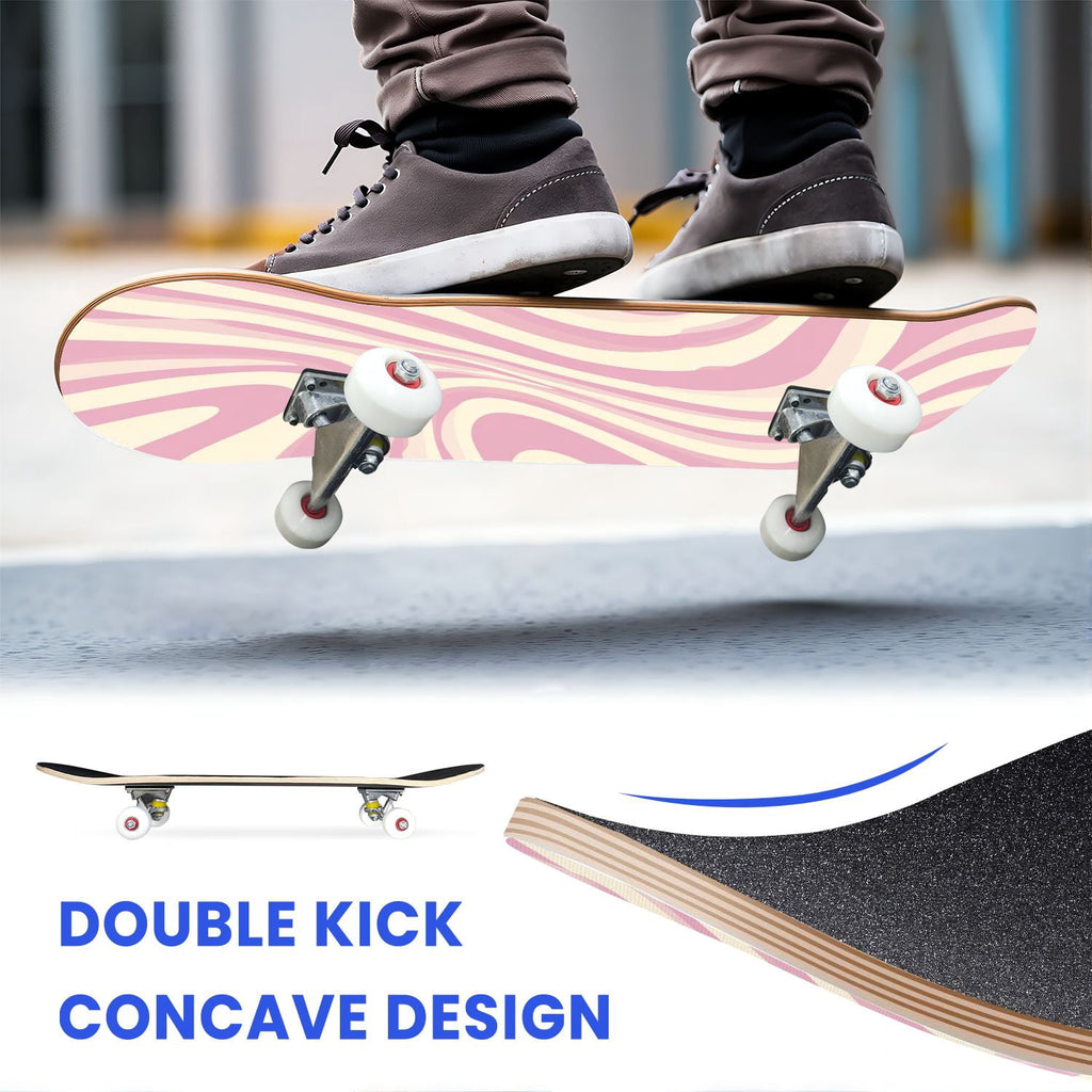 31"x8" Complete Skateboards for Beginners, Abstract Wavy Purple Beige Zebra Design Double Kick 7 Ply Canadian Maple Deck Skateboard with Wheels, Gifts for Kids Teens