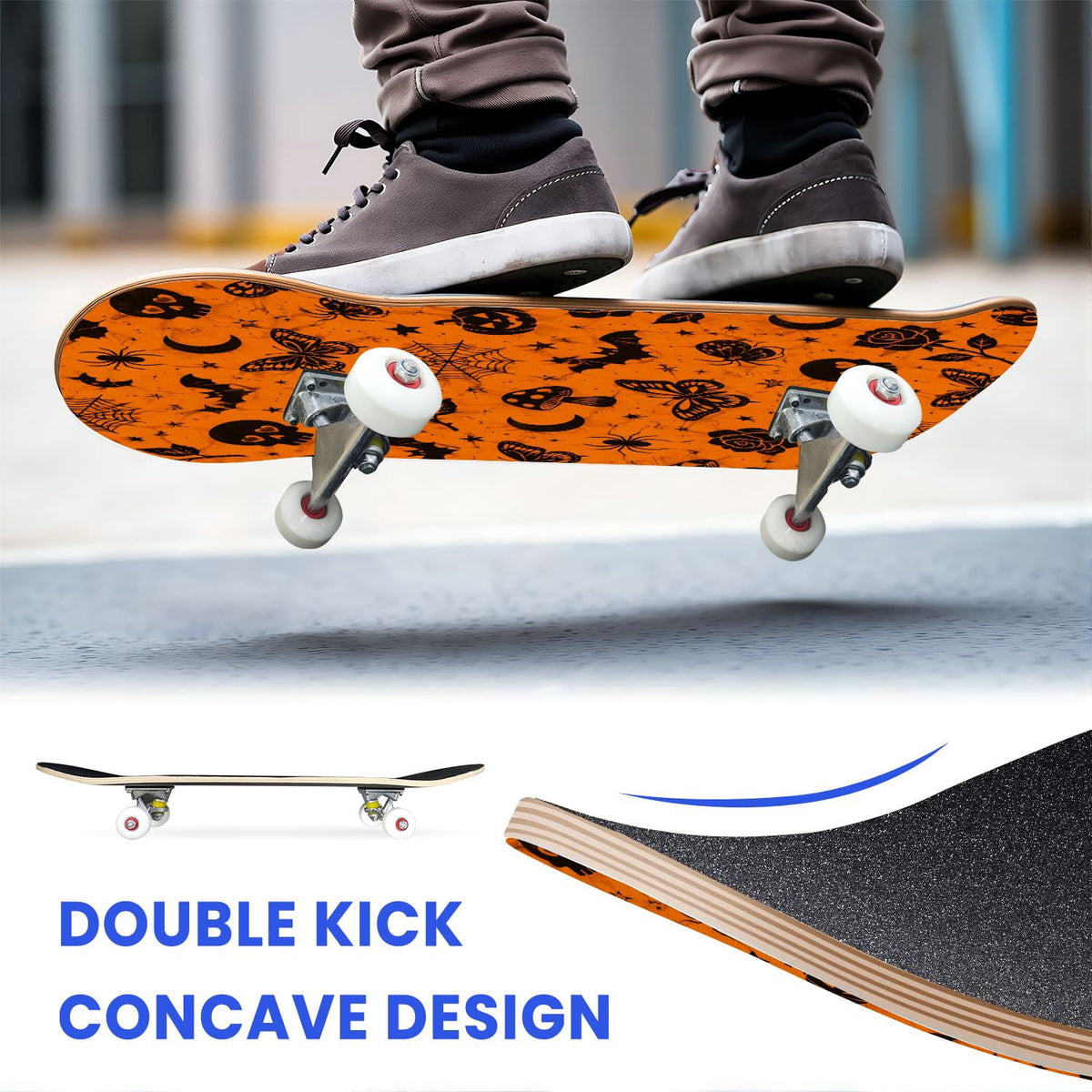 31"x8" Complete Skateboards for Beginners,Halloween Black Cats Pumpkins Ghosts Bats Beige Double Kick 7 Ply Canadian Maple Deck Skateboard with Wheels, Gifts for Kids Teens