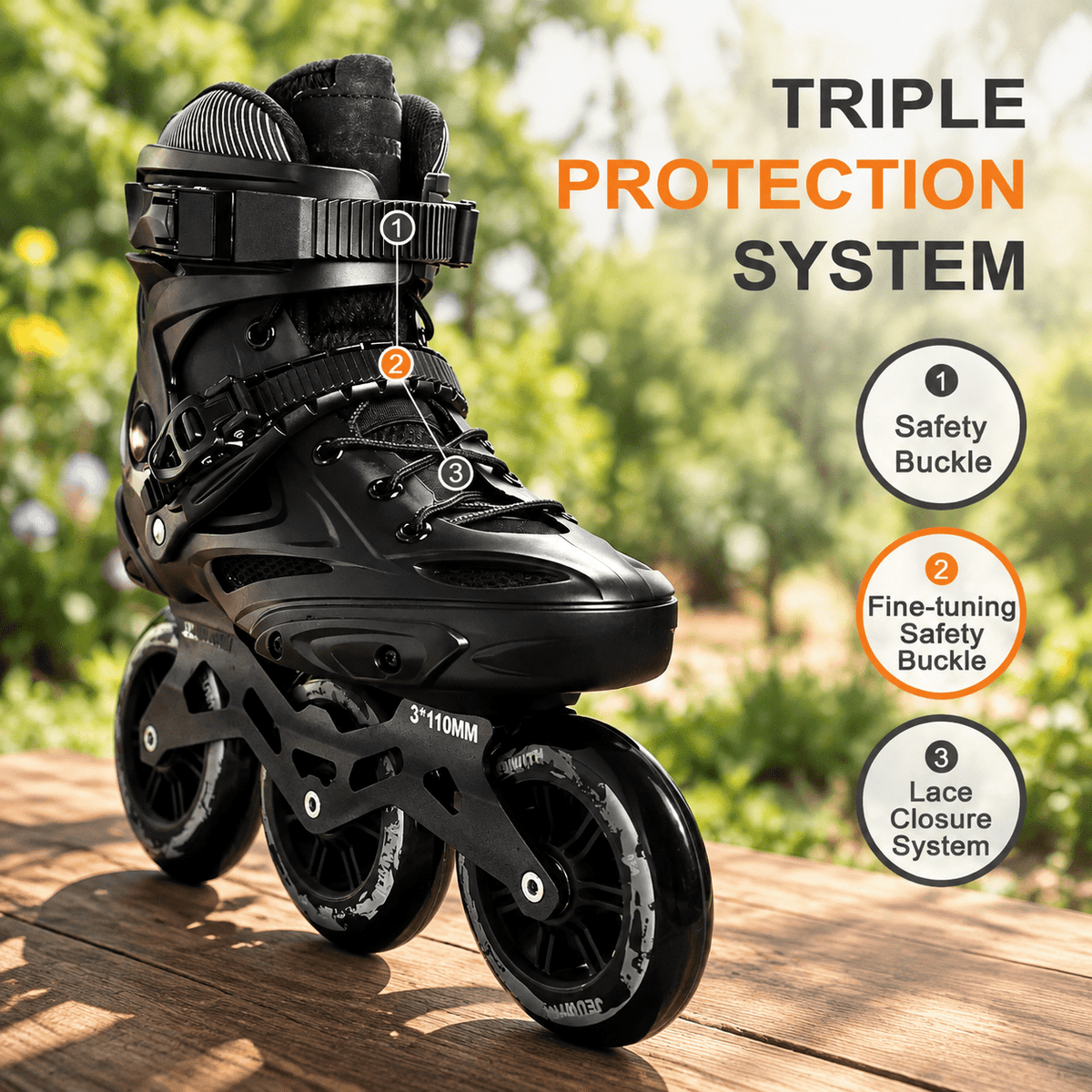 Black Men5.5-6/Women6.5-7/25cm 3-Wheel Inline Skates for Adult Fitness Speed Racing