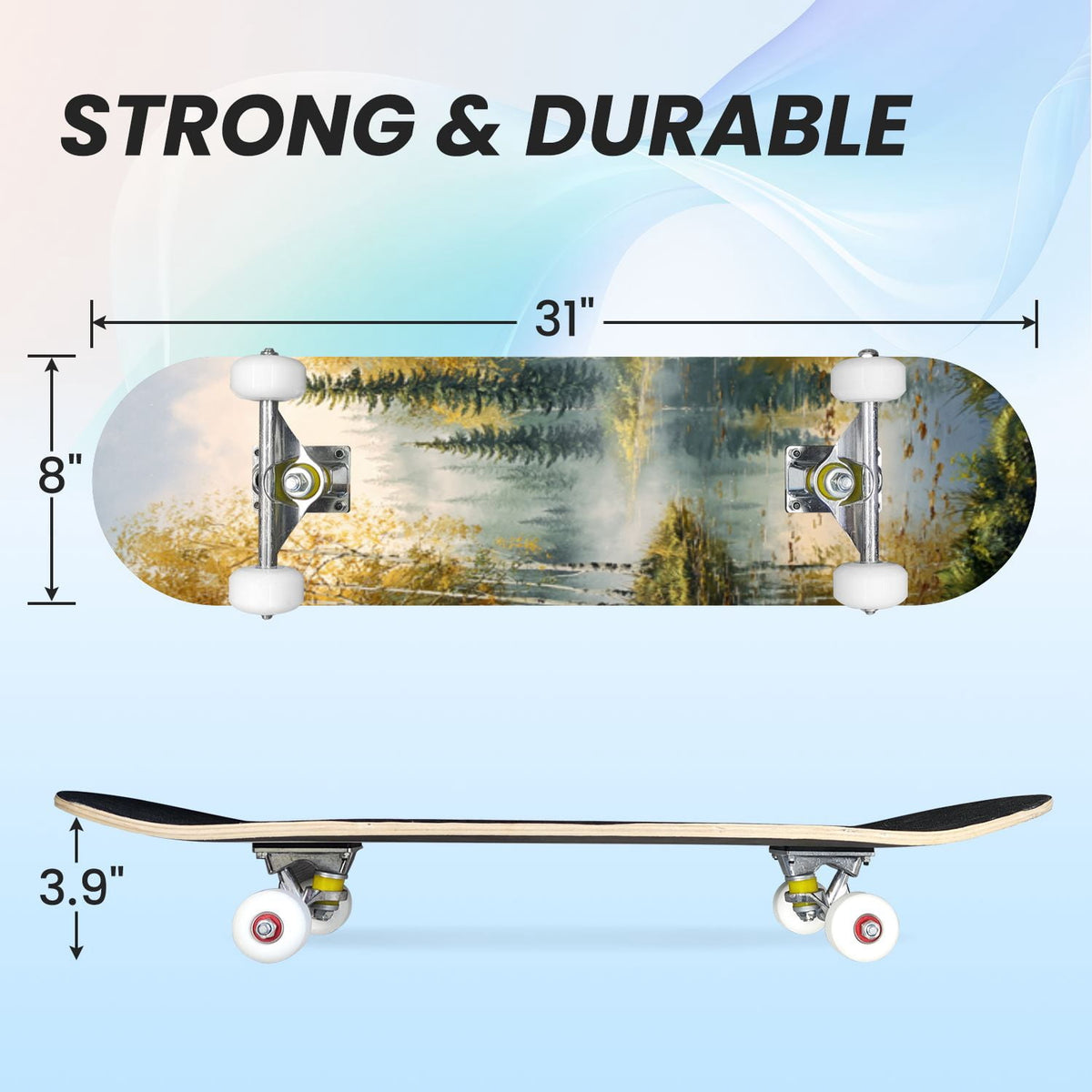 31"x8" Complete Skateboards for Beginners, Birch Trees Abstract Forest Branches Landscape Colorful Double Kick 7 Ply Canadian Maple Deck Skateboard with Wheels, Gifts for Kids Teens