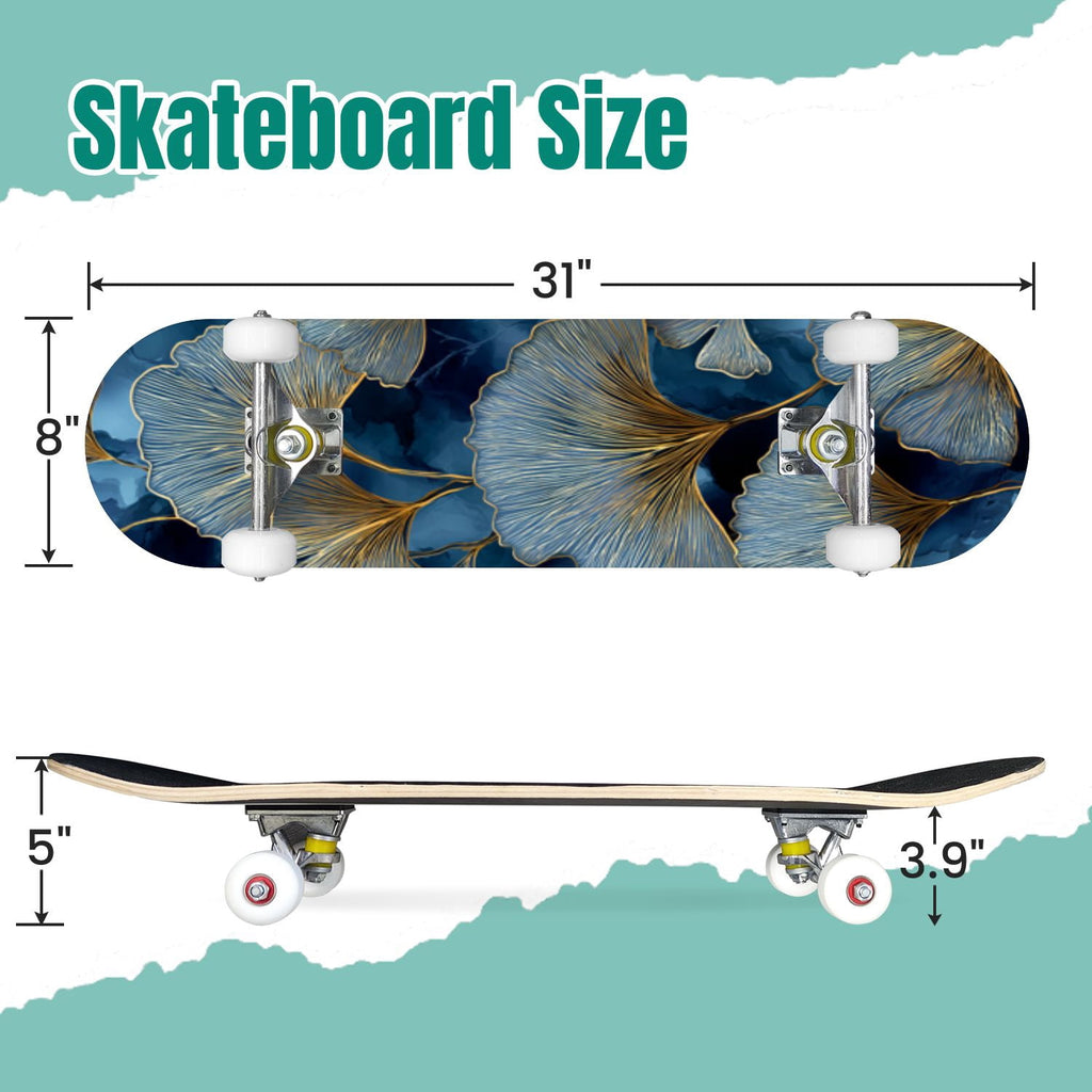 Elegant Cream Peach Peony Floral Green 31" x 8" Complete Skateboard, 7-Ply Canadian Maple Double Kick Trick Board for Kids and Beginners Adult Gifts