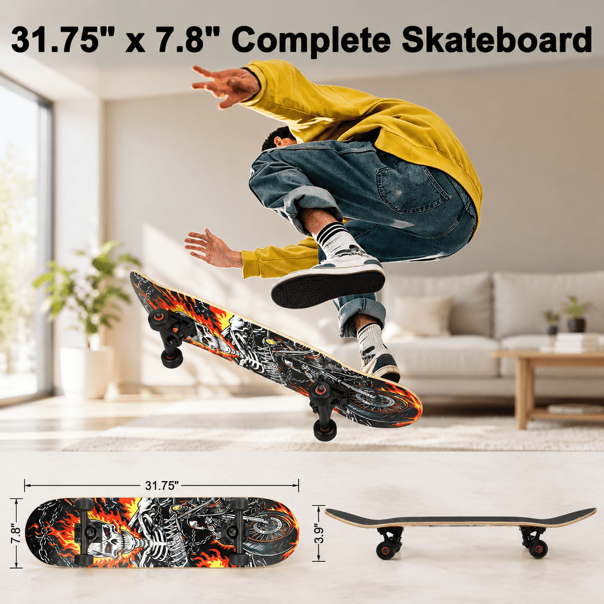 Checkerbot 31"x8" Standard Complete Skateboard with 7 Layer Canadian Maple for Beginners Adults Teens