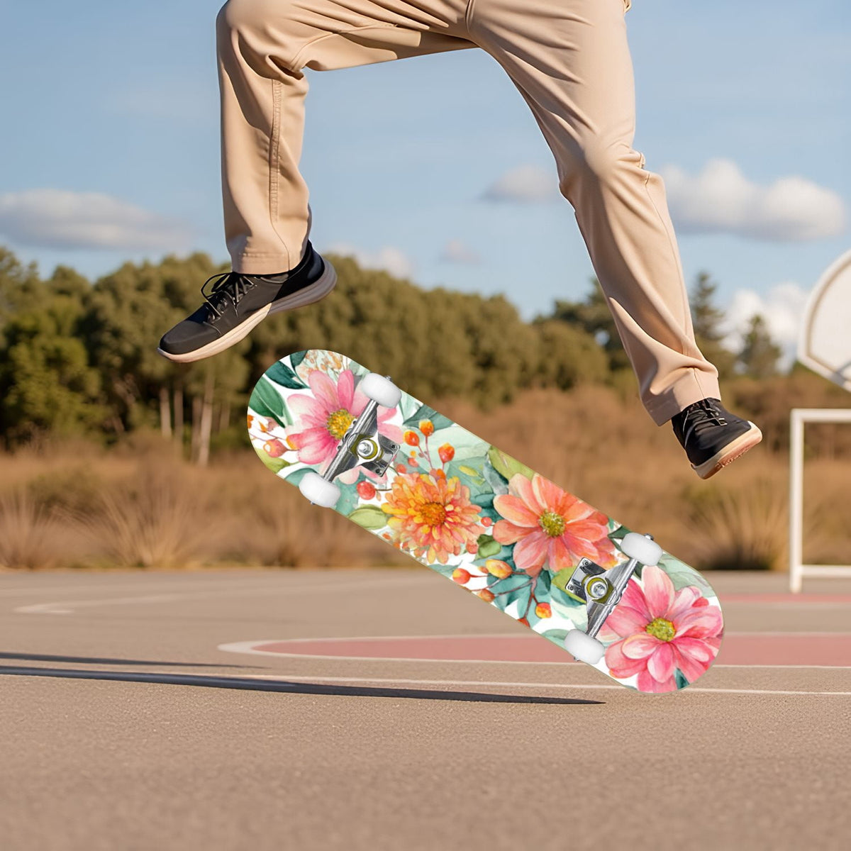 Watercolor Floral Shades Blue Grey Leaves 31" x 8" Complete Skateboard, 7-Ply Canadian Maple Double Kick Trick Board for Kids and Beginners Adult Gifts
