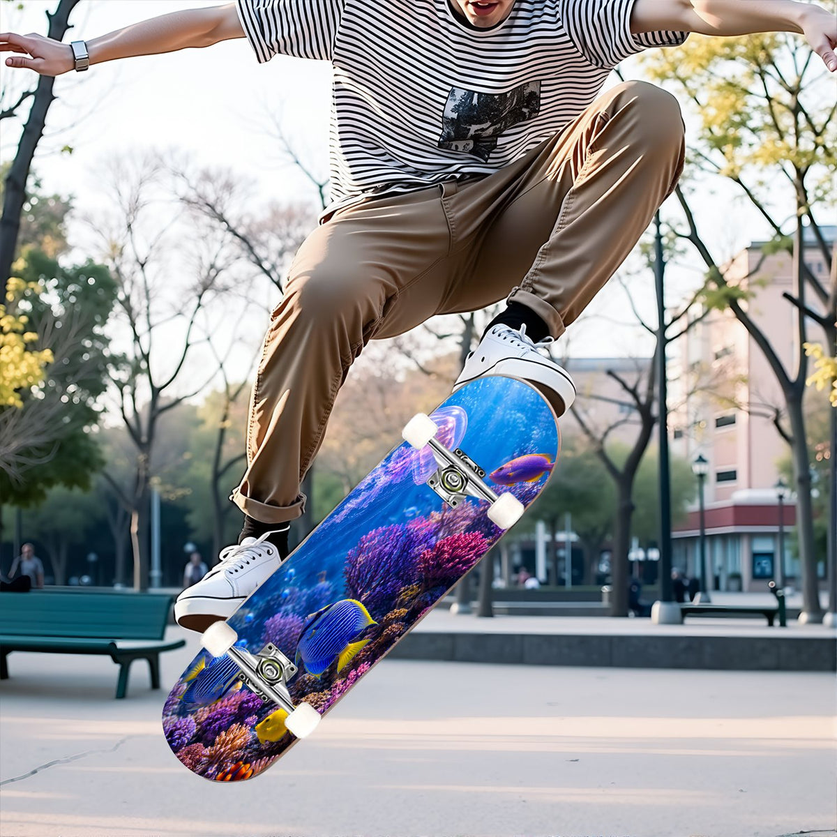 31"x8" Complete Skateboards for Beginners, Colorful Underwater Two Seahorses Coral Reefs Double Kick 7 Ply Canadian Maple Deck Skateboard with Wheels, Gifts for Kids Teens