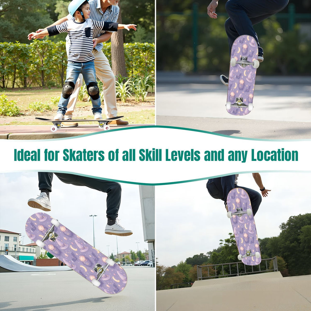 31"x8" Complete Skateboards for Beginners,Halloween Themed Pumpkins Witch Hats Spooky Double Kick 7 Ply Canadian Maple Deck Skateboard with Wheels, Gifts for Kids Teens