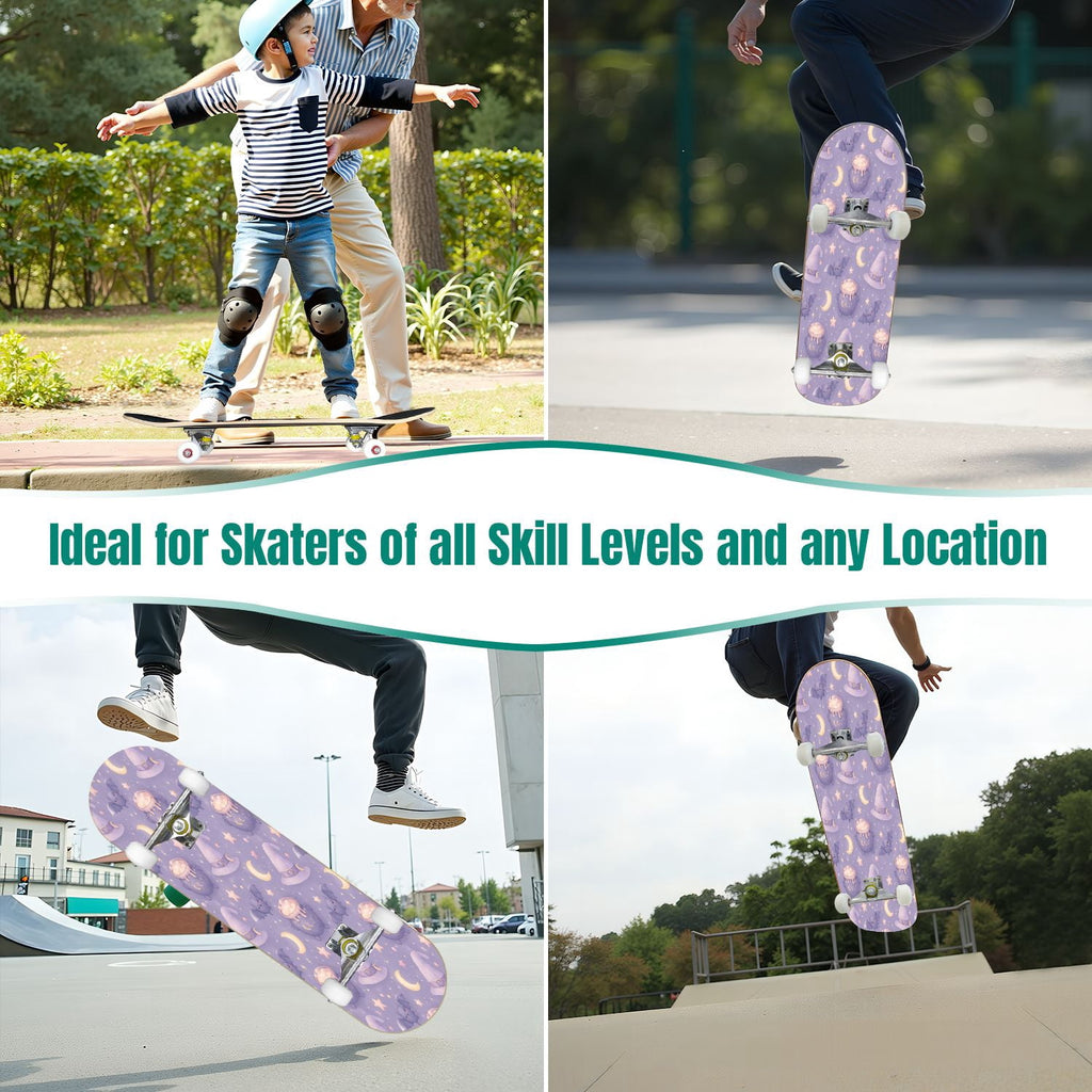 31"x8" Complete Skateboards for Beginners,Vintage Botanical Moth Autumn Leaves Mushrooms Double Kick 7 Ply Canadian Maple Deck Skateboard with Wheels, Gifts for Kids Teens