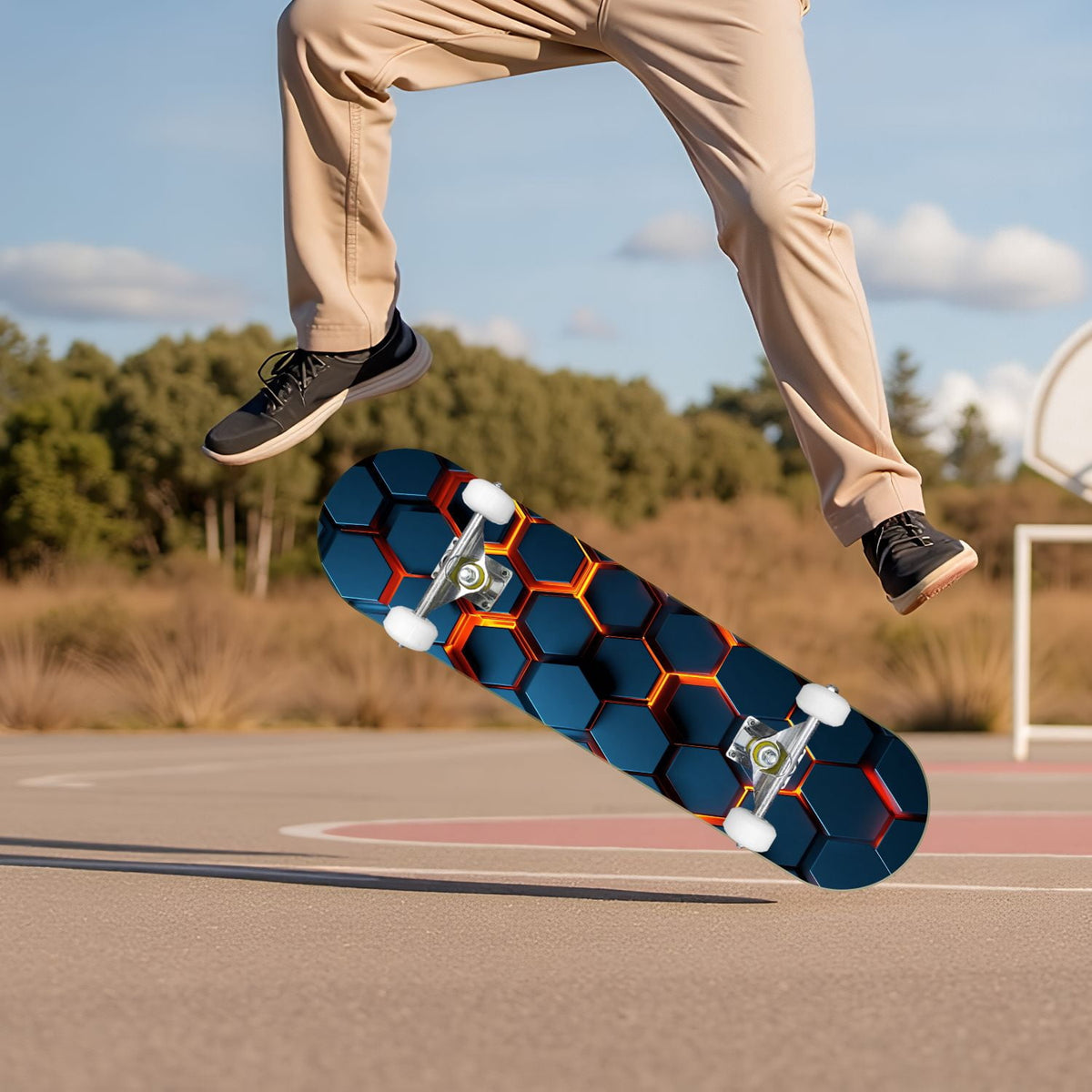 Futuristic Hexagonal Metallic Blue Glowing Orange Highlights 31" x 8" Complete Skateboard, 7-Ply Canadian Maple Double Kick Trick Board for Kids and Beginners Adult Gifts