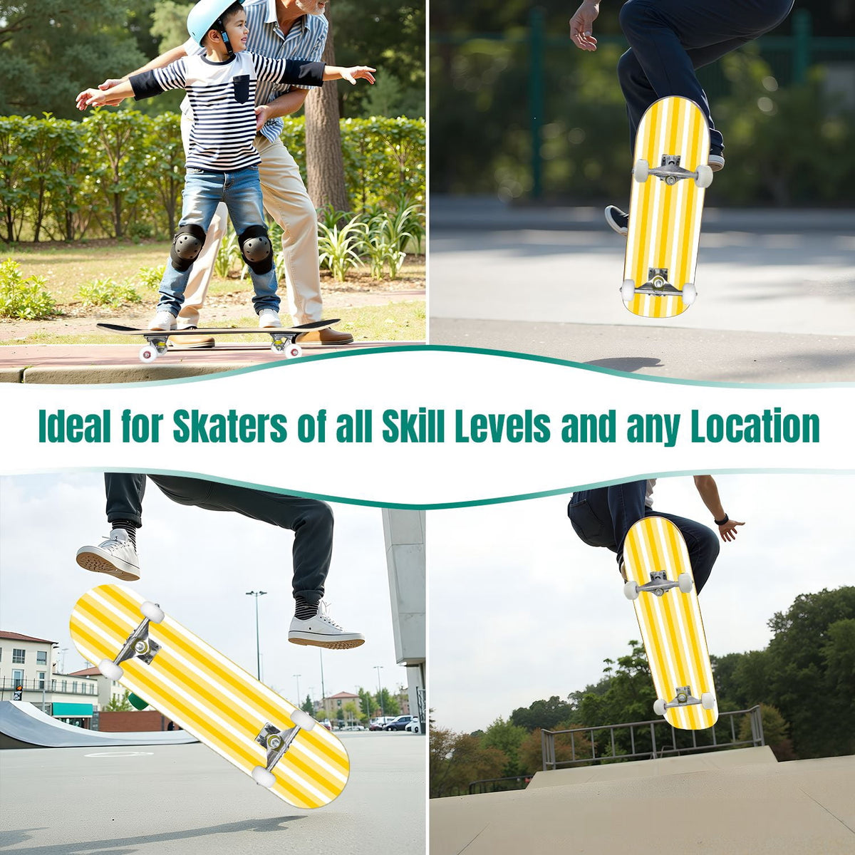 Yellow White Vertical Striped Soft Gradient Lines Minimalist Design 31" x 8" Complete Skateboard, 7-Ply Canadian Maple Double Kick Trick Board for Kids and Beginners Adult Gifts