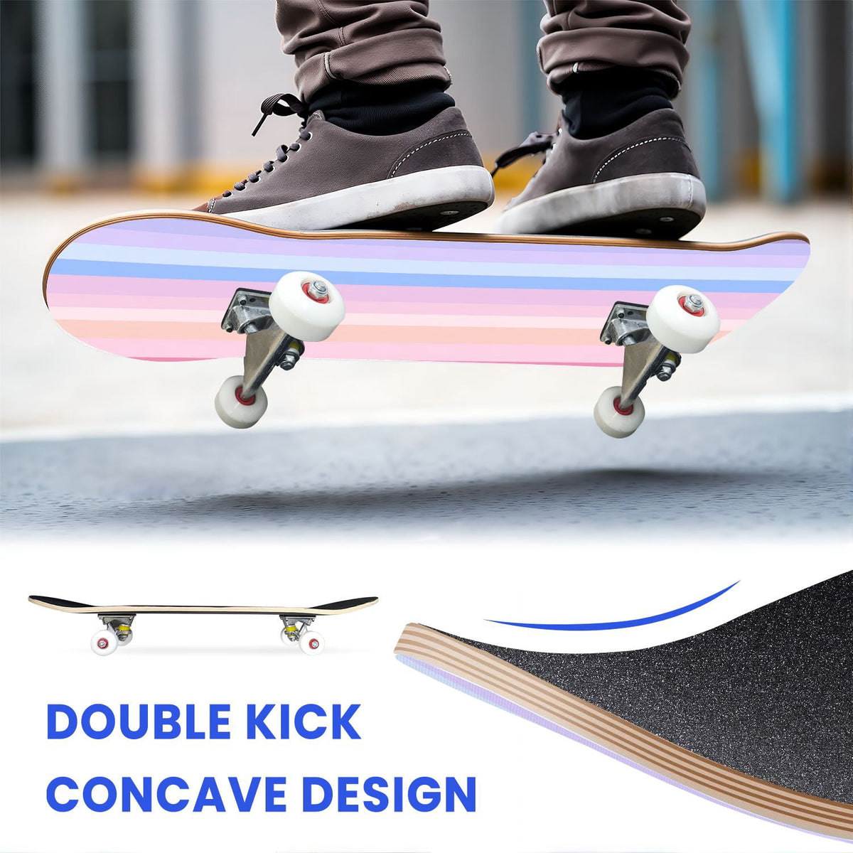 31"x8" Complete Skateboards for Beginners,Vibrant Diagonal Rainbow Gradient Abstract Art Double Kick 7 Ply Canadian Maple Deck Skateboard with Wheels, Gifts for Kids Teens