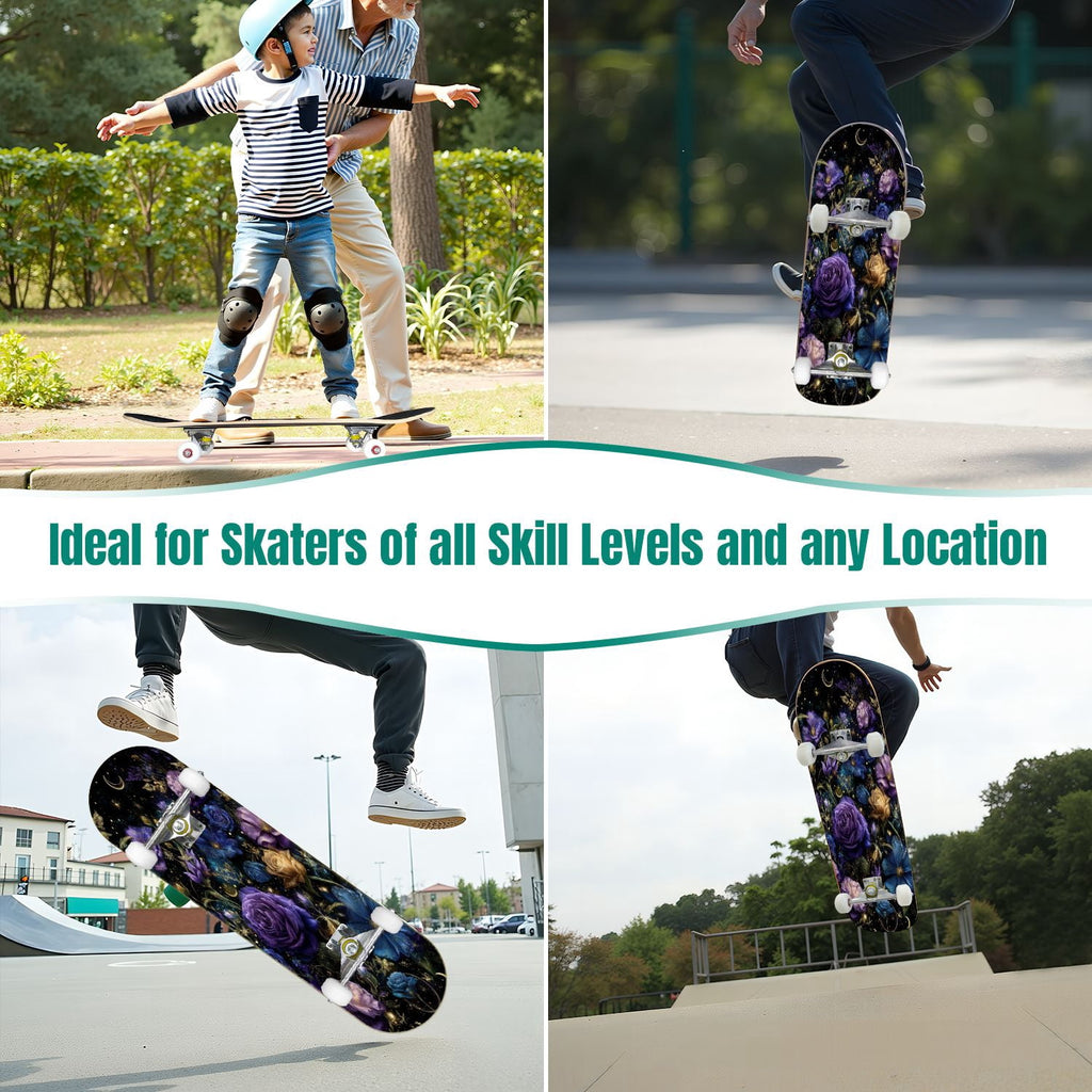 31"x8" Complete Skateboards for Beginners, Ethereal Night Garden Roses Starry Sky Dark Academia Double Kick 7 Ply Canadian Maple Deck Skateboard with Wheels, Gifts for Kids Teens