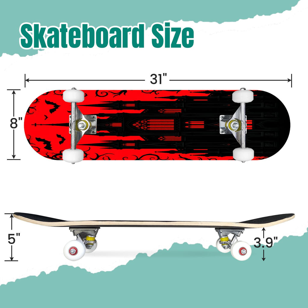 Red Mystic Circle Eyes Occult Symbols Dark Abstract Art 31" x 8" Complete Skateboard, 7-Ply Canadian Maple Double Kick Trick Board for Kids and Beginners Adult Gifts