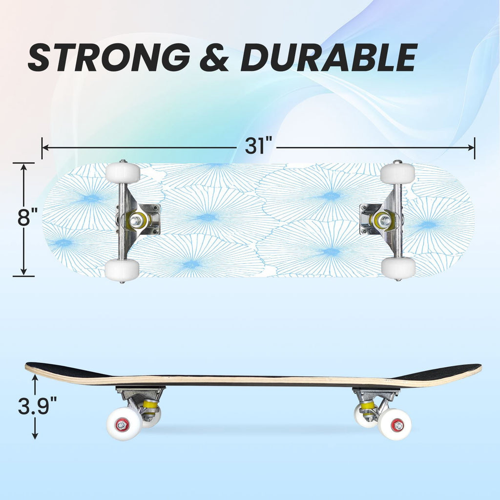 31"x8" Complete Skateboards for Beginners,Seamless Blue Watercolor Crabs Floral Accents Light Double Kick 7 Ply Canadian Maple Deck Skateboard with Wheels, Gifts for Kids Teens
