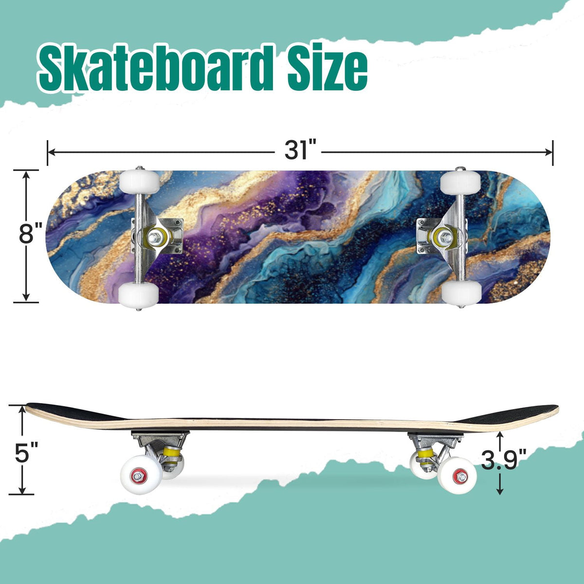 Golden Floral Line Art Seamless 31" x 8" Complete Skateboard, 7-Ply Canadian Maple Double Kick Trick Board for Kids and Beginners Adult Gifts