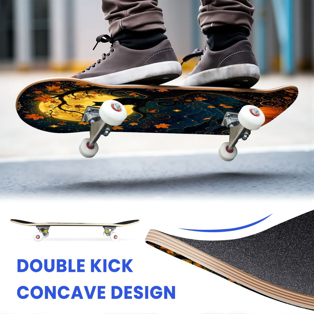 31"x8" Complete Skateboards for Beginners,Halloween Forest Bats Black Cat Glowing Double Kick 7 Ply Canadian Maple Deck Skateboard with Wheels, Gifts for Kids Teens