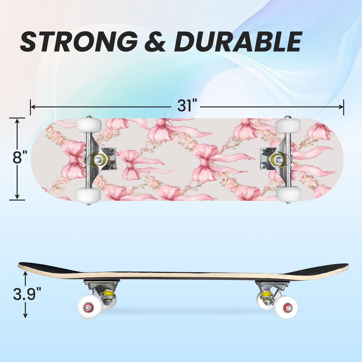 31"x8" Complete Skateboards for Beginners, Soft Blue Cream Striped Design Double Kick 7 Ply Canadian Maple Deck Skateboard with Wheels, Gifts for Kids Teens