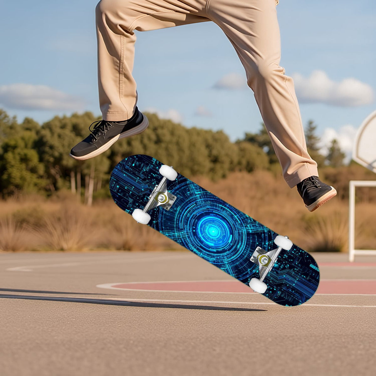 Futuristic Blue Abstract Technology Glowing Core 31" x 8" Complete Skateboard, 7-Ply Canadian Maple Double Kick Trick Board for Kids and Beginners Adult Gifts