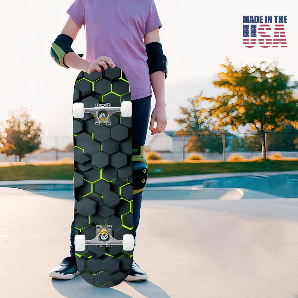 31"x8" Complete Skateboards for Beginners,Black Hexagon Honeycomb Glowing Blue Accents Double Kick 7 Ply Canadian Maple Deck Skateboard with Wheels, Gifts for Kids Teens