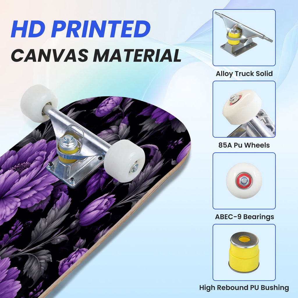 31"x8" Complete Skateboards for Beginners, Purple Celestial Moon Sun Art Floral Stars Double Kick 7 Ply Canadian Maple Deck Skateboard with Wheels, Gifts for Kids Teens