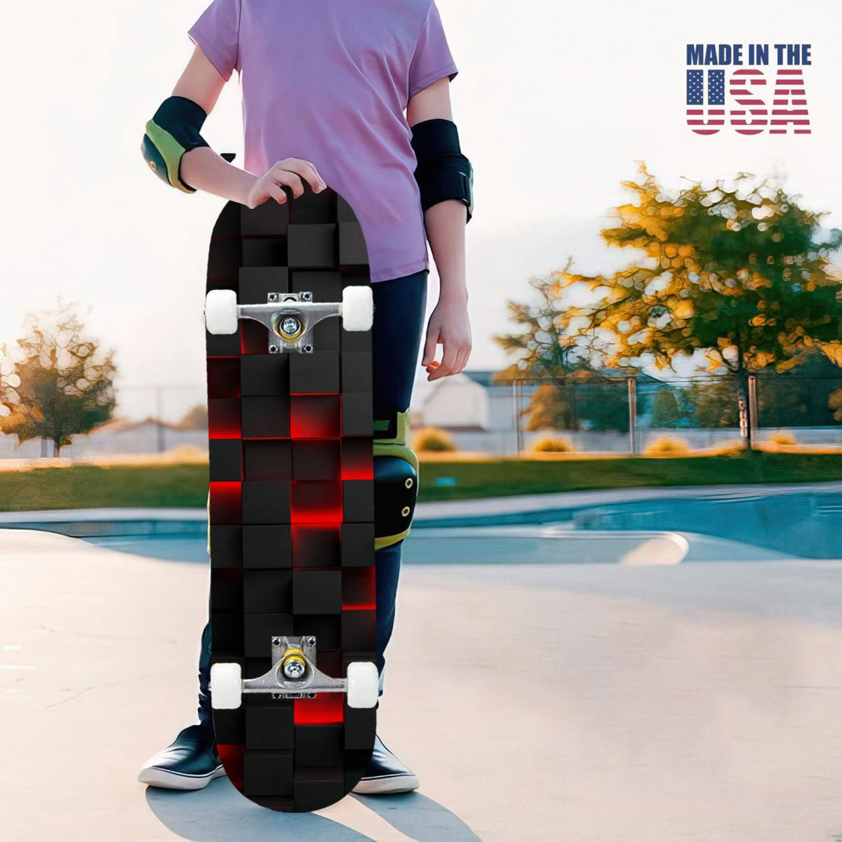 31"x8" Complete Skateboards for Beginners,Geometric Hexagon Glowing Neon Blue Purple Double Kick 7 Ply Canadian Maple Deck Skateboard with Wheels, Gifts for Kids Teens