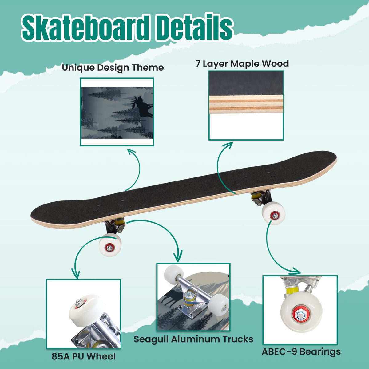 Botanical Floral Peonies Hummingbirds 31" x 8" Complete Skateboard, 7-Ply Canadian Maple Double Kick Trick Board for Kids and Beginners Adult Gifts