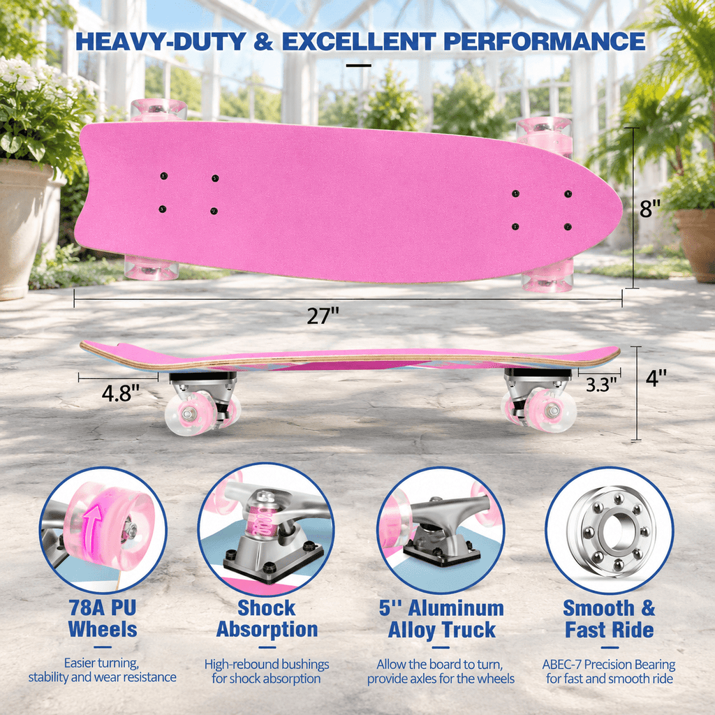 Rainbow 27 x 8 Inch Complete Cruiser Skateboard for Teens Adults Beginners