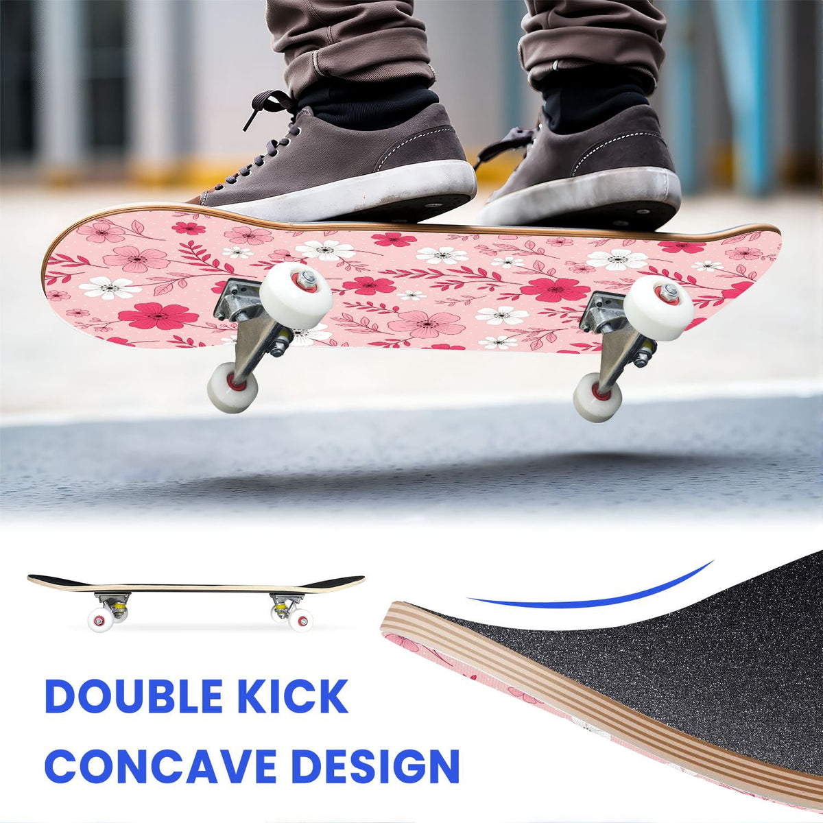 31"x8" Complete Skateboards for Beginners, Pink Floral Striped Delicate Leaves Flowers Botanical Double Kick 7 Ply Canadian Maple Deck Skateboard with Wheels, Gifts for Girls Teens