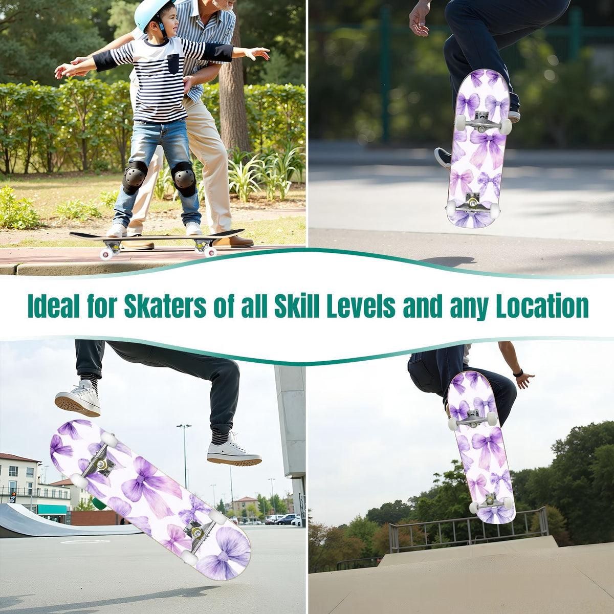 Delicate Pink Floral Ribbon Design 31" x 8" Complete Skateboard, 7-Ply Canadian Maple Double Kick Trick Board for Kids and Beginners Adult Gifts