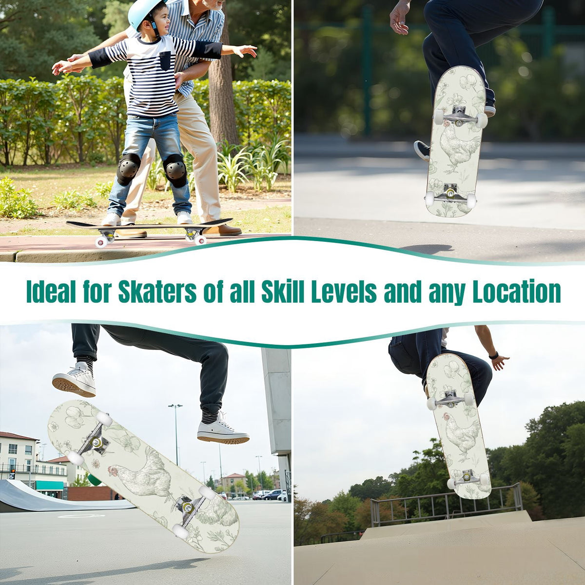 Buffalo Tan Grass Illustrations 31" x 8" Complete Skateboard, 7-Ply Canadian Maple Double Kick Trick Board for Kids and Beginners Adult Gifts