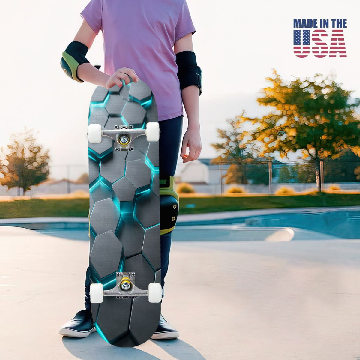 31"x8" Complete Skateboards for Beginners, Modern Abstract Hexagonal Blue Neon Glow Futuristic Double Kick 7 Ply Canadian Maple Deck Skateboard with Wheels, Gifts for Boys Teens